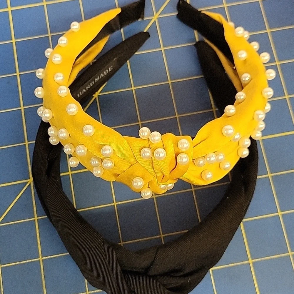Lot of 2 Black Wide & Yelliw Pearl Embellished Headbands New